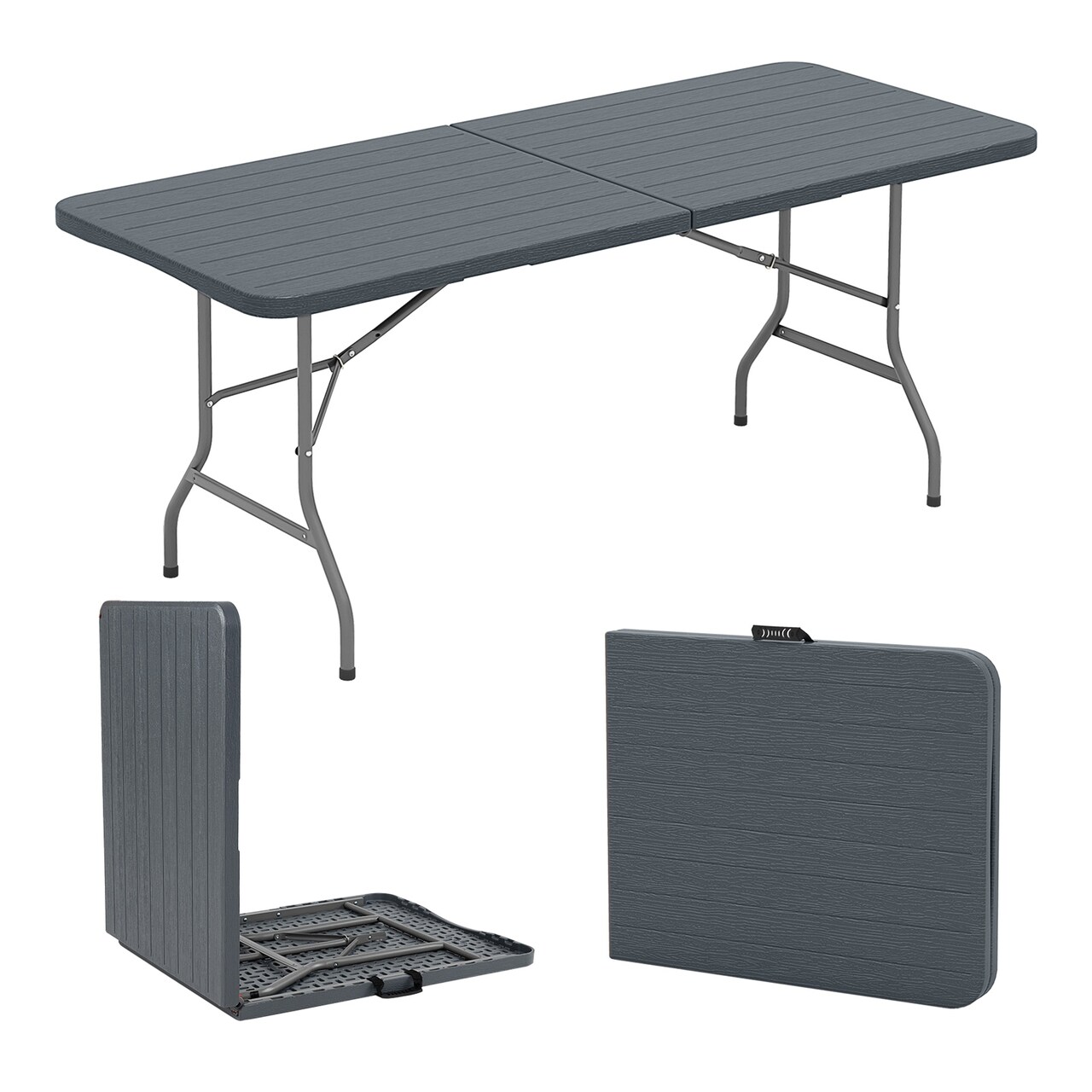 6 Feet Wood Grain HDPE Folding Table with Safety Lock and Metal Legs Perfect for Outdoor Use